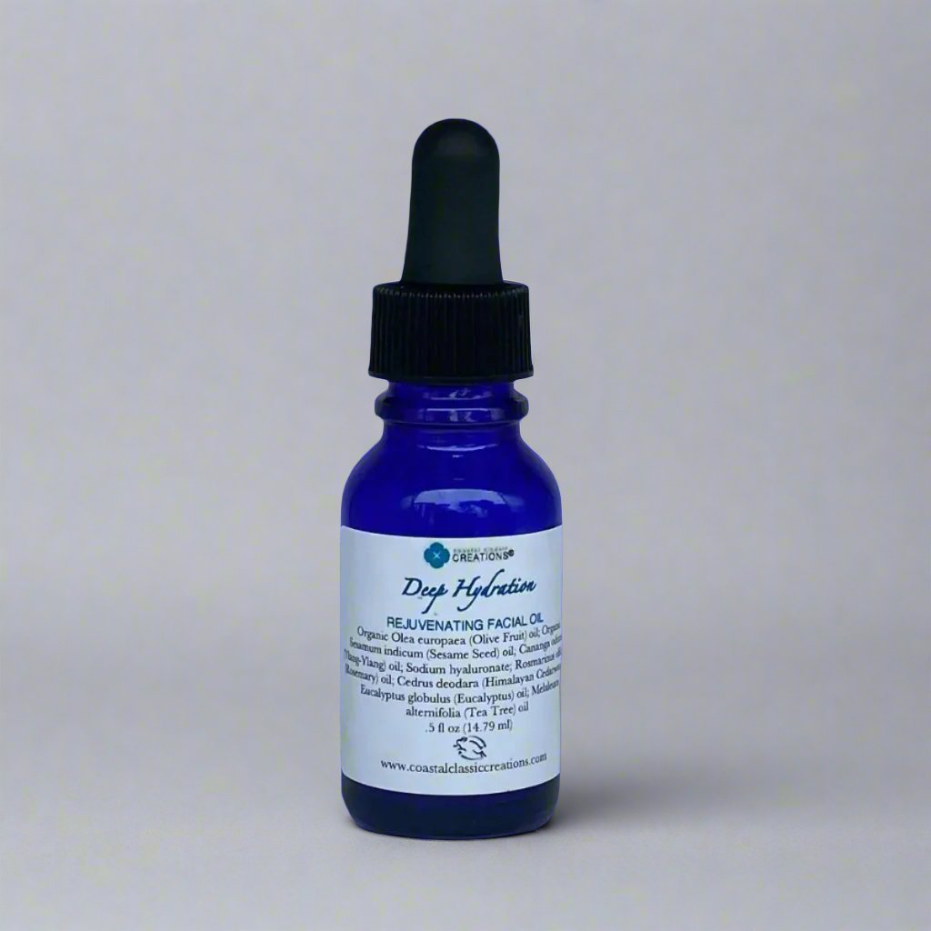 1/2 oz bottle of deep hydration facial oil with eye dropper and labeled with product name and ingredients