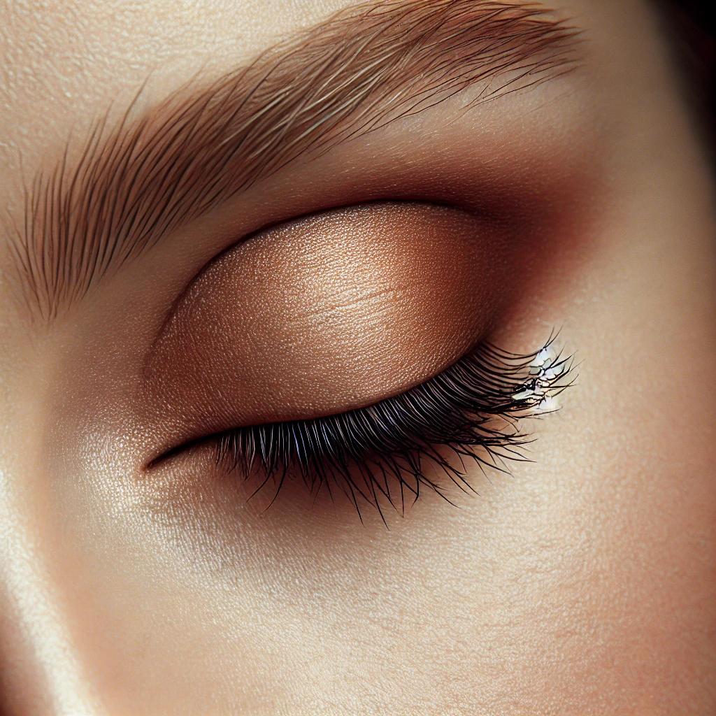 Close-up of a closed human eye with soft brown eyeshadow applied. The brown shade is smoothly blended across the eyelid, giving a natural and warm look.