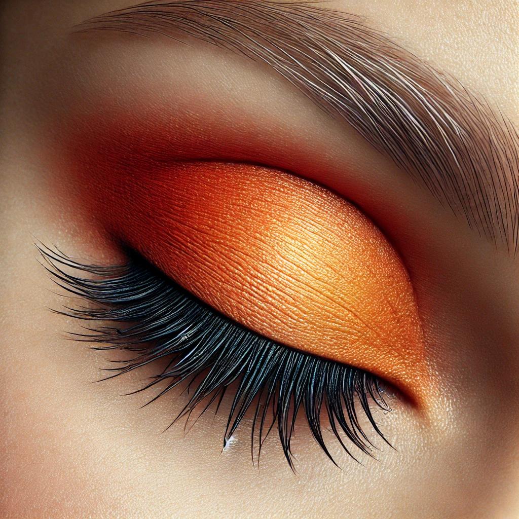 Close-up of a closed human eye with vibrant orange eyeshadow applied smoothly across the eyelid. The skin around the eye is smooth and well-lit, showcasing the bold, blended orange shade. Eyelashes are visible, providing contrast to the colorful eyeshadow, creating a striking and elegant makeup look.