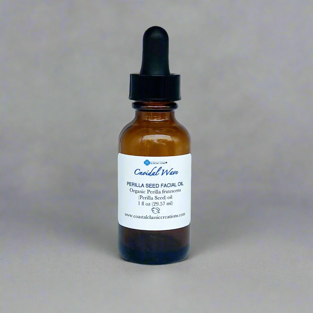 1-oz bottle of organic perilla seed facial oil with eye dropper and labeled with product name and ingredients