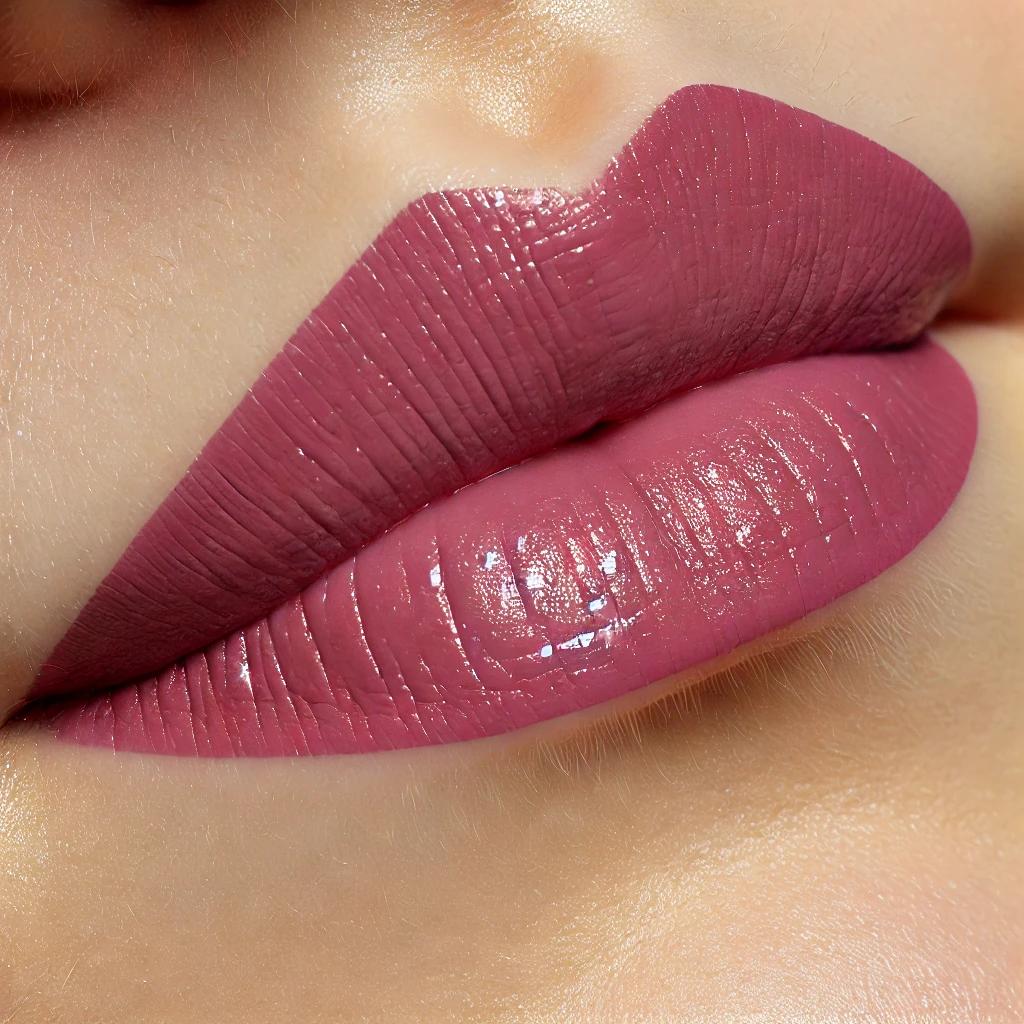 Crushed rose lipstick on lips