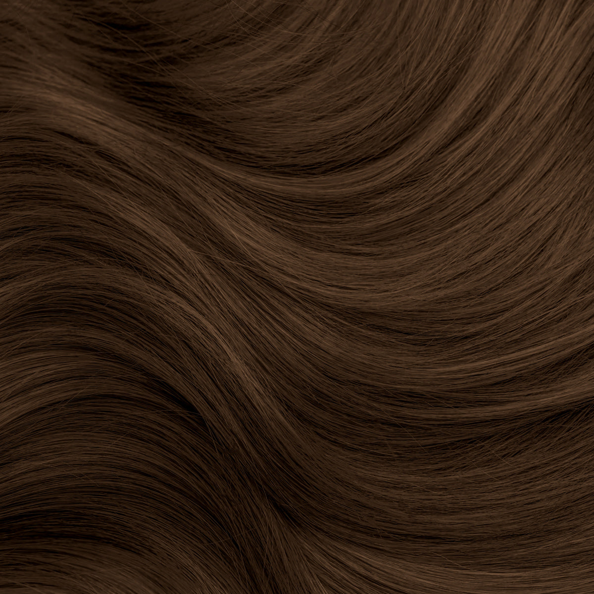 Close-up of hair dyed with chestnut dark brown henna. The hair displays a deep, rich chestnut brown color with warm undertones. It has a glossy, smooth texture with subtle waves, showcasing the depth and natural variation of the dark brown hue achieved with henna.