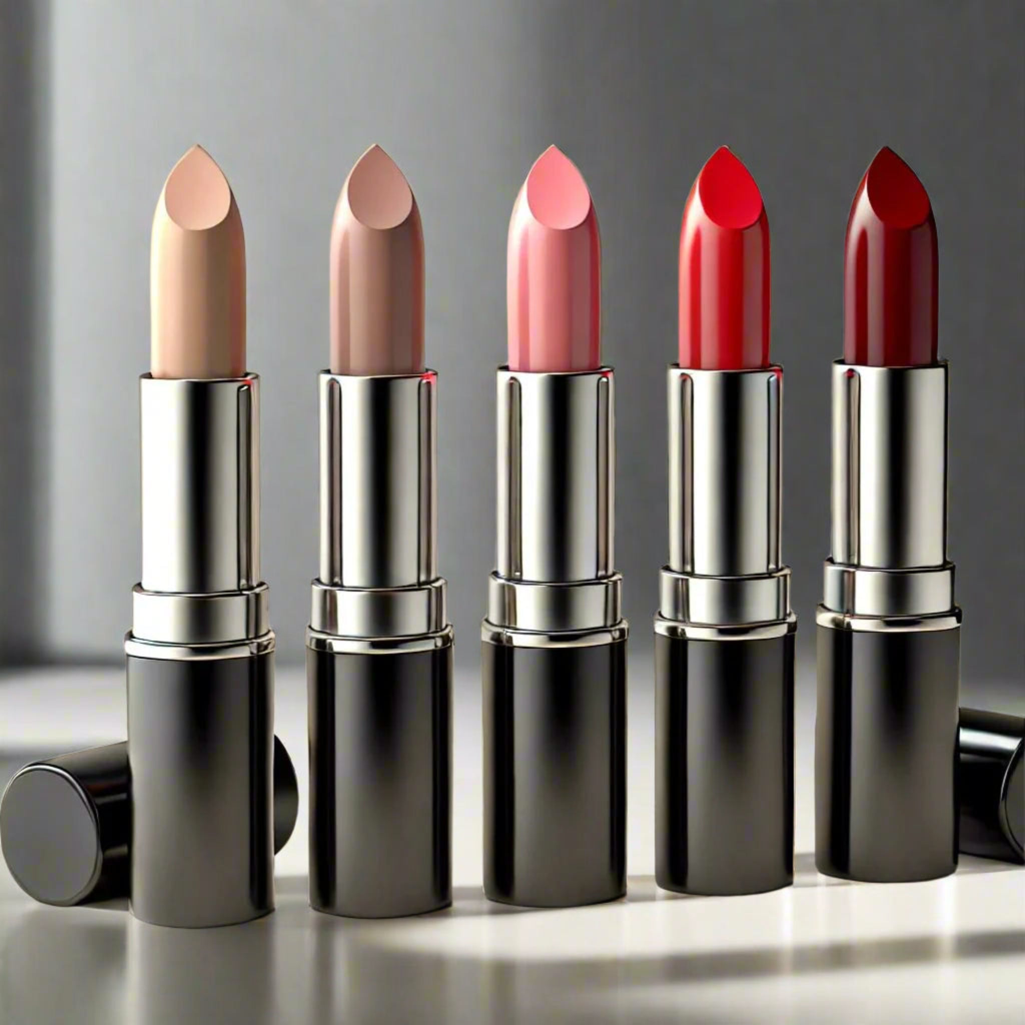 Non-toxic lipstick displayed on a marble platform showcasing natural beauty and mindful elegance.