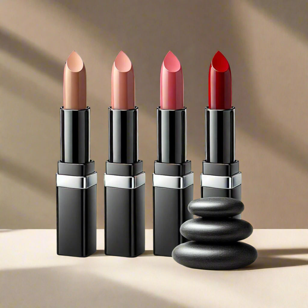 Four elegant lipsticks in natural shades displayed alongside stacked zen rocks, symbolizing mindful beauty and the harmony of self-expression with Coastal Classic Creations' toxin-free, sustainable ethos.