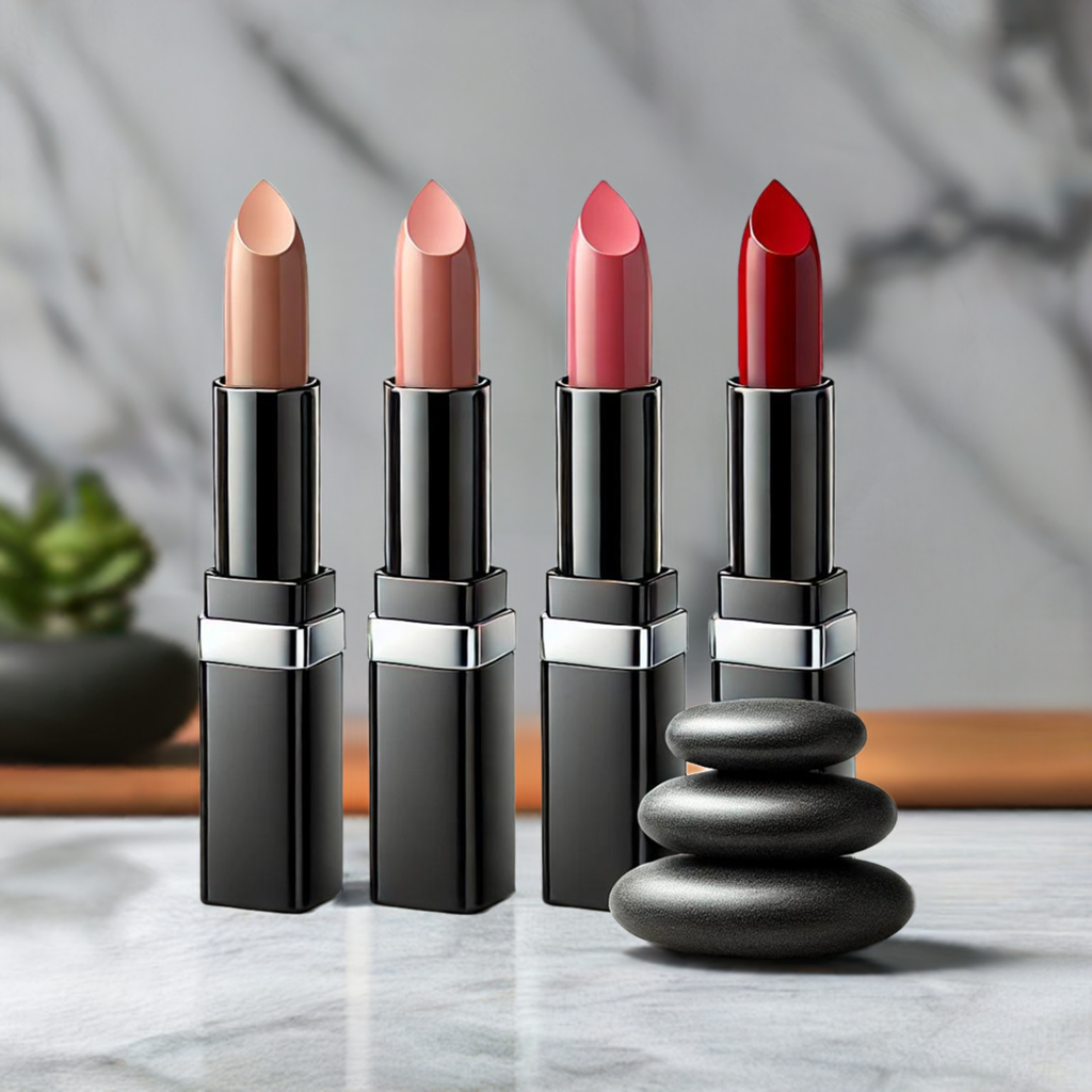 Four elegant lipsticks in natural shades displayed alongside stacked zen rocks, symbolizing mindful beauty and the harmony of self-expression with Coastal Classic Creations' toxin-free, sustainable ethos.