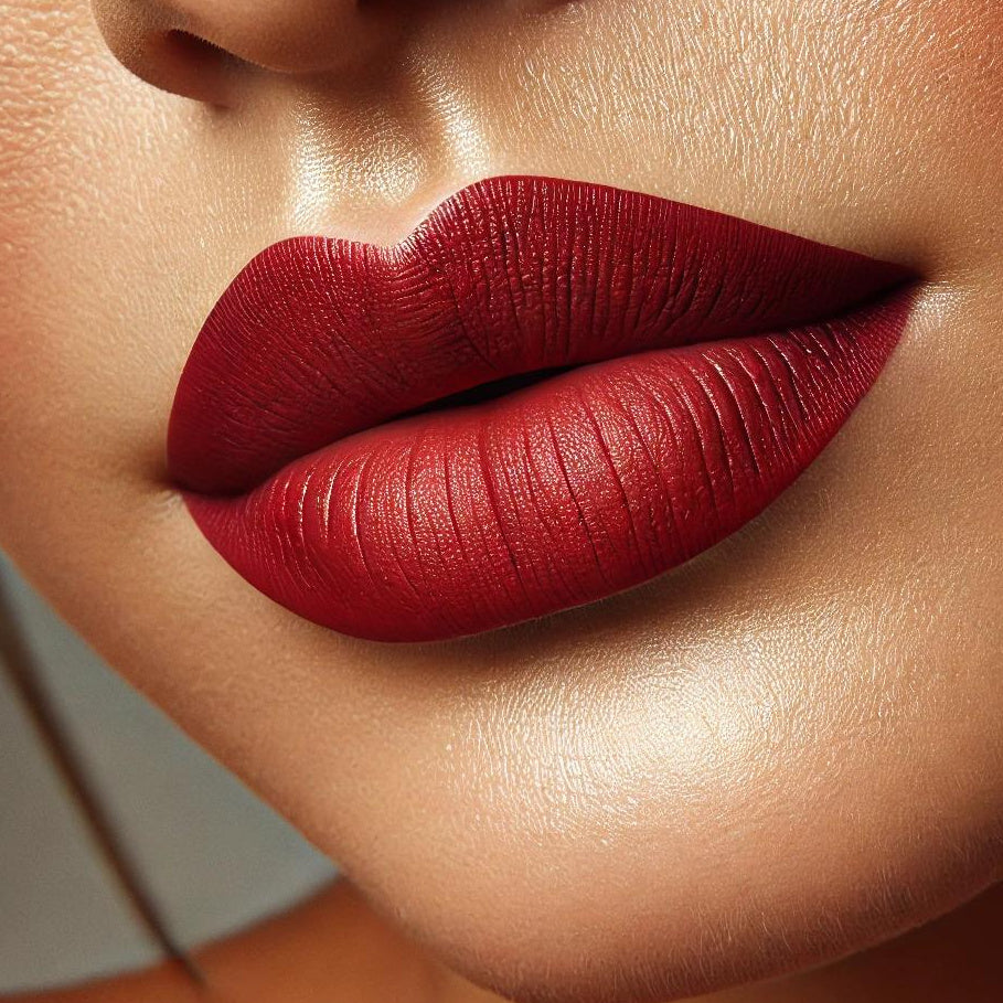 Lips wearing Non-Toxic Crimson Red  Lipstick | Coastal Classic Creations