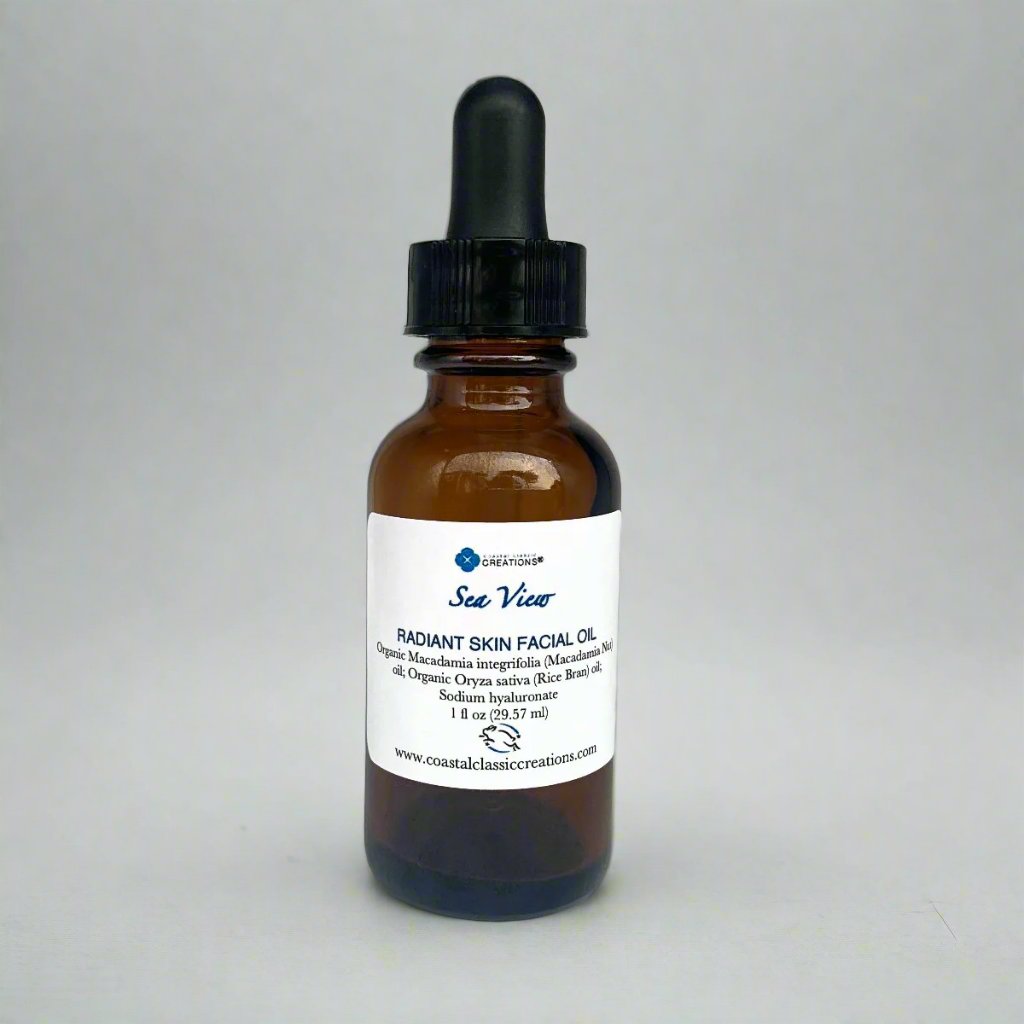 1-ounce bottle of macadamia and rice bran facial oil with eye dropper and labeled with product name and ingredients