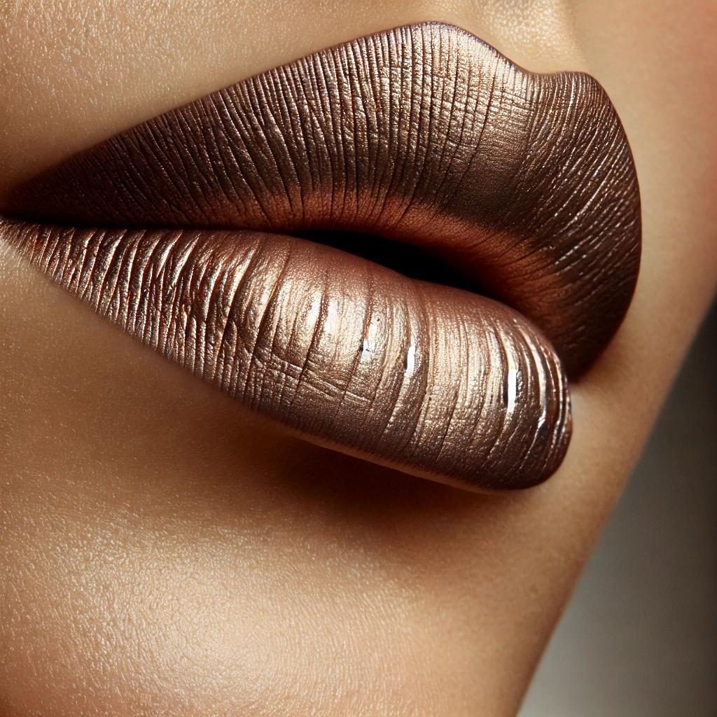 Close-up of lips wearing Stormy Lipstick, a rich metallic bronze shade with a soft matte finish. The color highlights the lips' natural contours, exuding elegance and understated luxury.