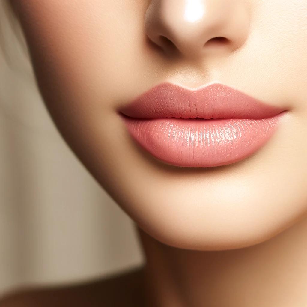 A close-up of natural, soft lips wearing very light pink lipstick. The lipstick application is smooth and subtle, highlighting the delicate and understated color. The lips appear fresh and elegant against a softly blurred neutral background, emphasizing a natural beauty aesthetic.